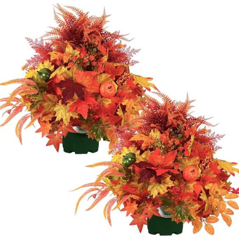 New Artificial Fall Flowers for Outdoors – 2PCS 20" Pumpkin & Maple Leaf Potted